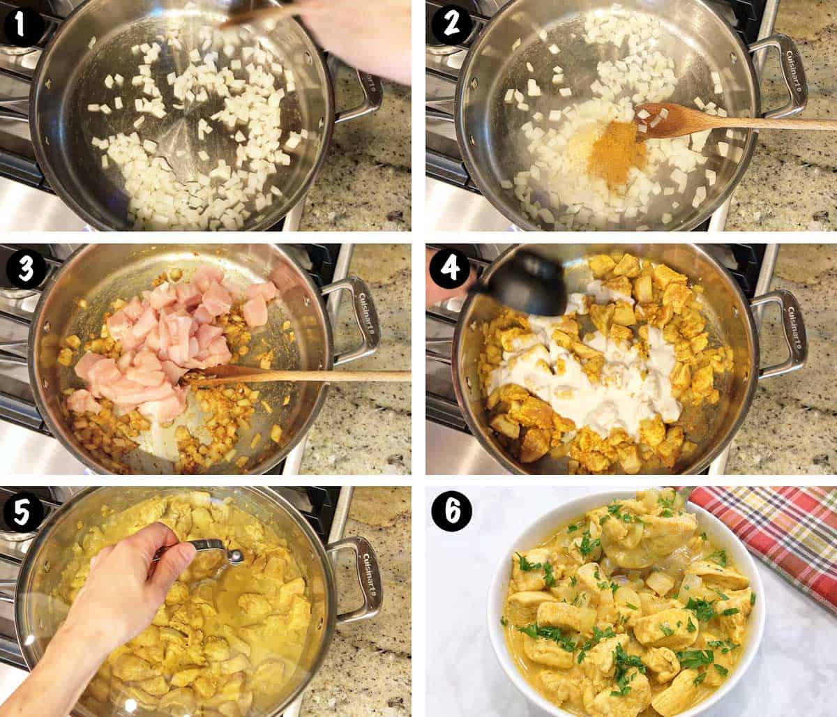 A photo collage showing the steps for making a Thai chicken curry. 