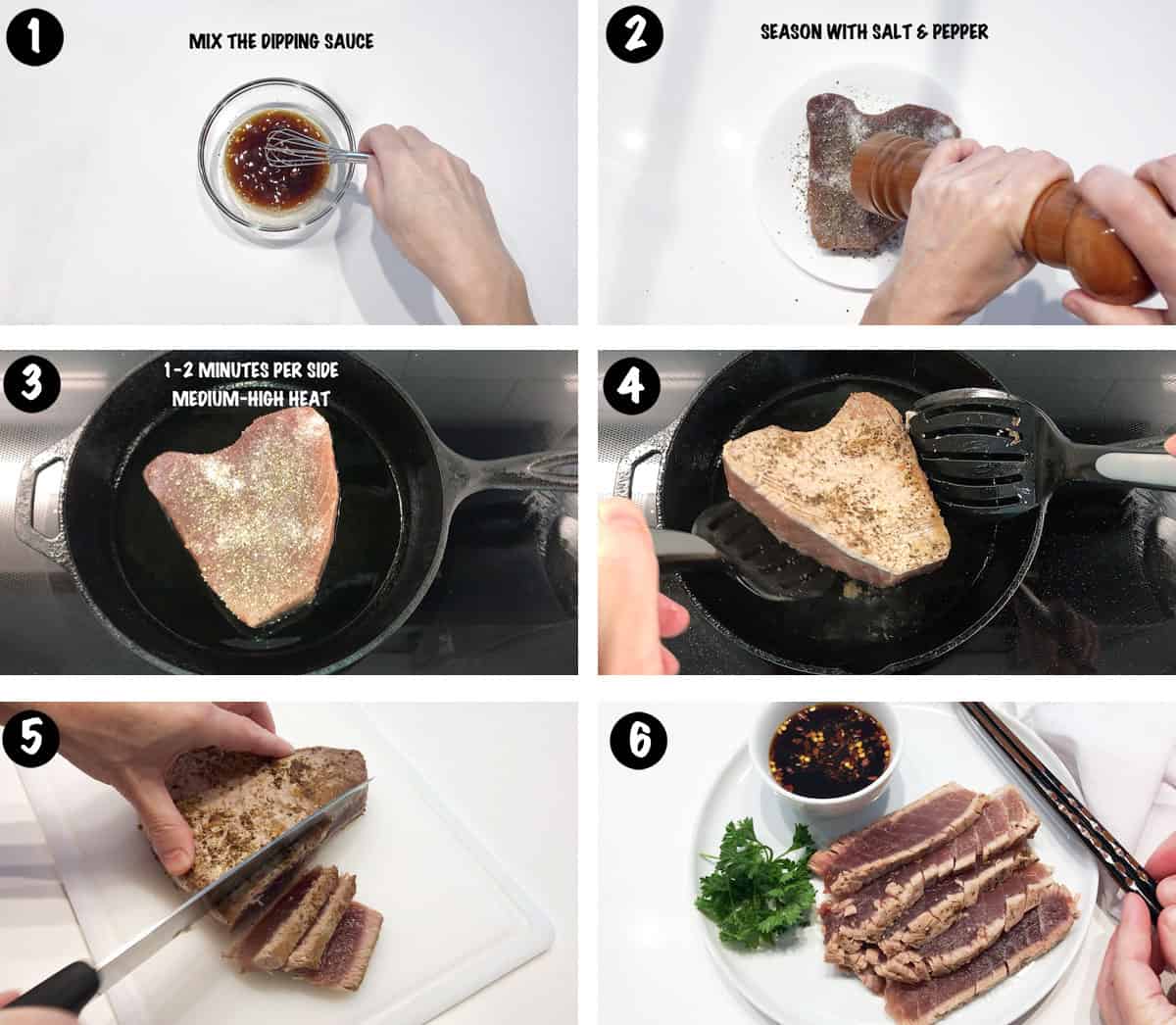 A photo collage showing the steps for making a seared tuna steak. 