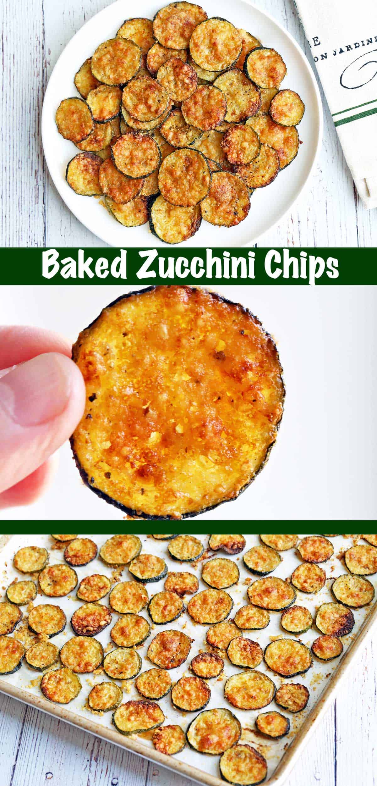 Three photos of zucchini chips coated with parmesan. 