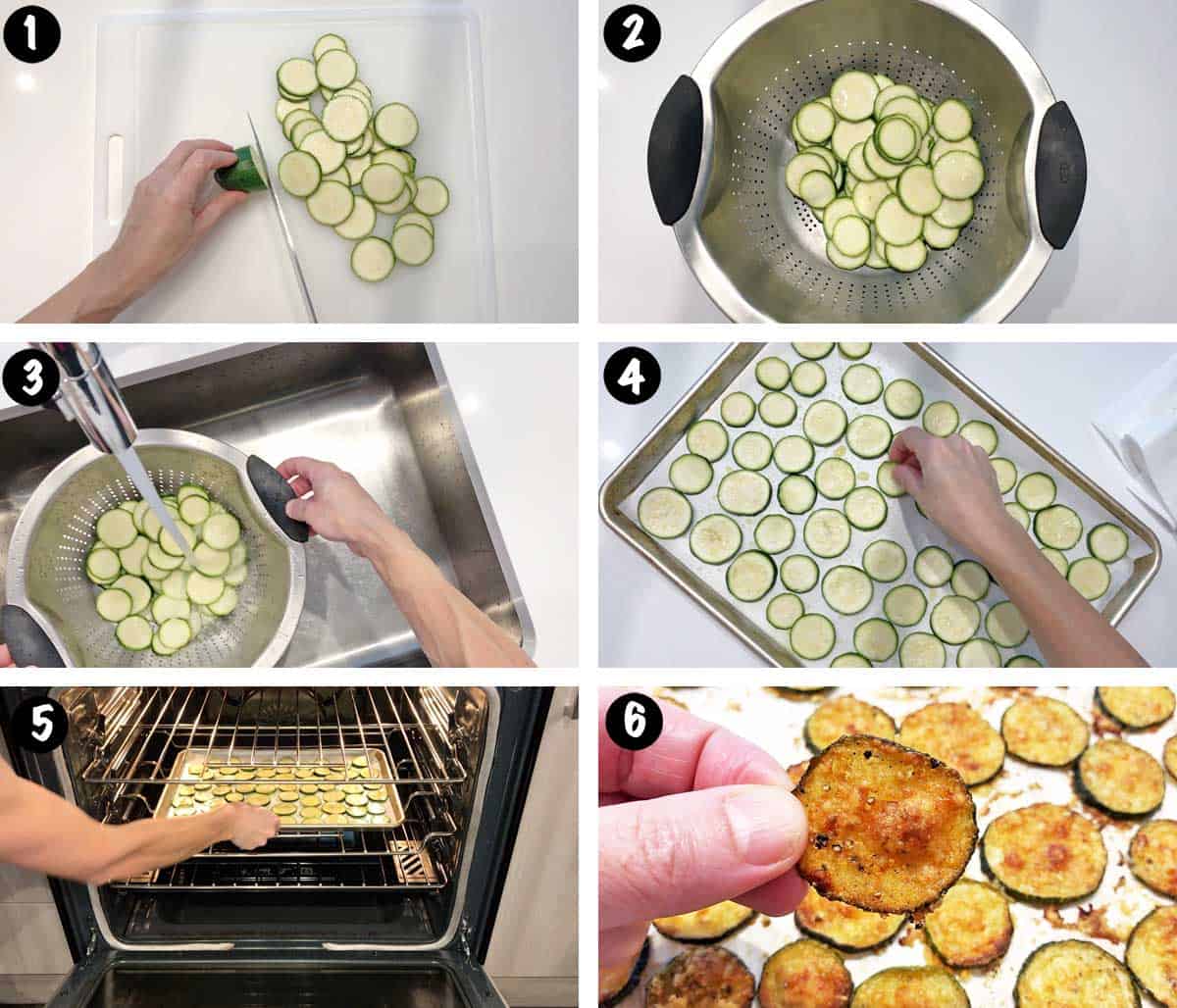 A six-photo collage showing the steps for making homemade zucchini chips. 