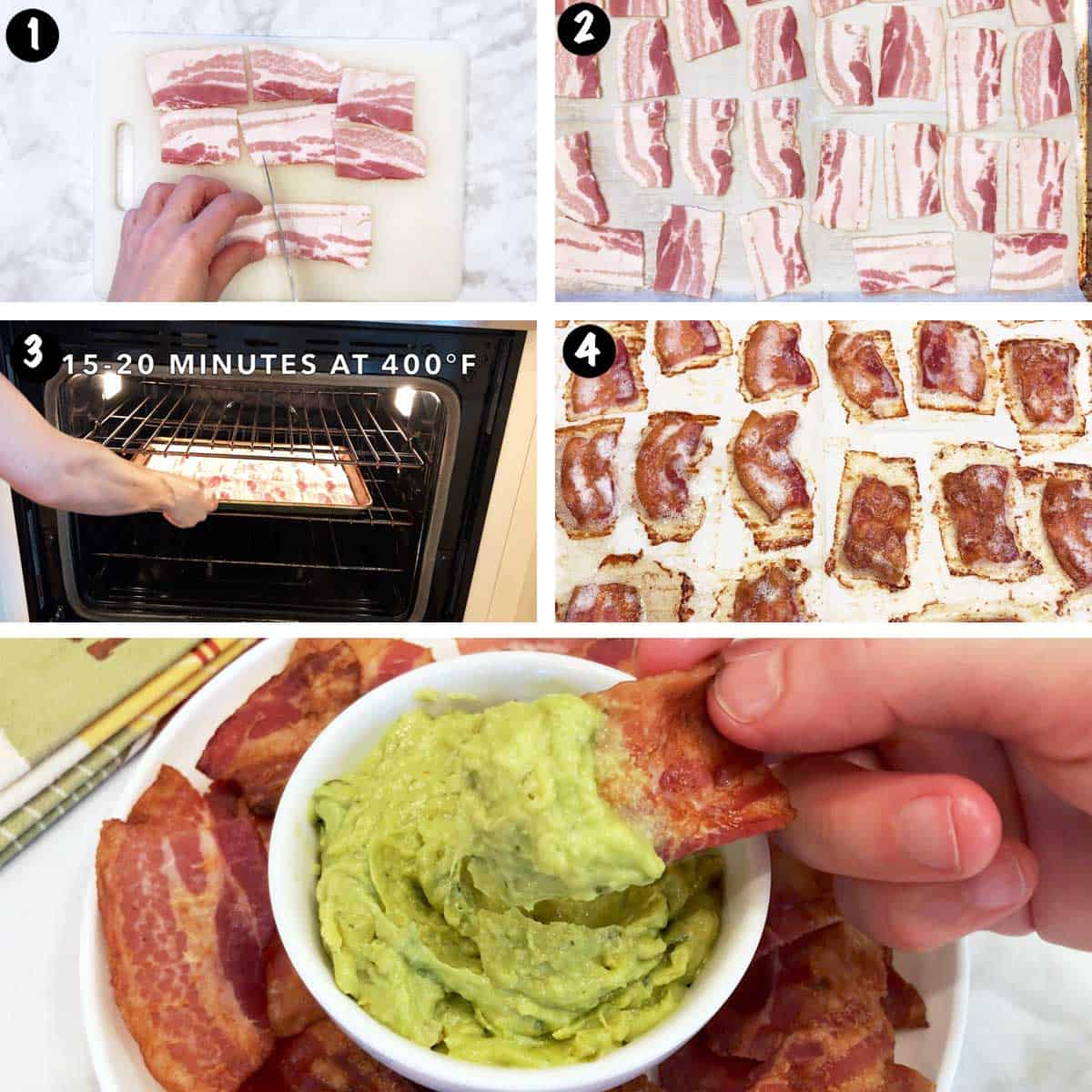 A photo collage showing the steps for making bacon chips.