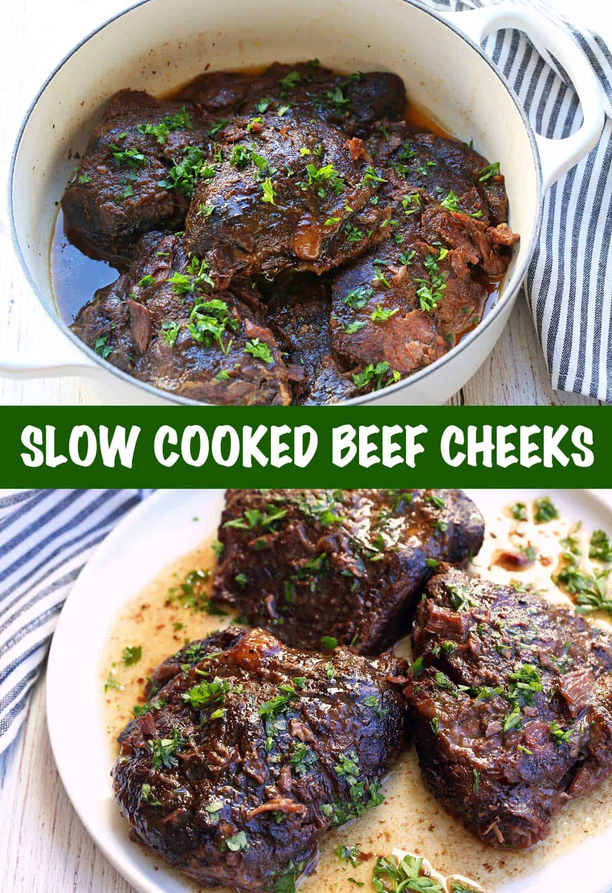 Two photos of slow cooked beef cheeks, one in a pot and one served on a plate. 