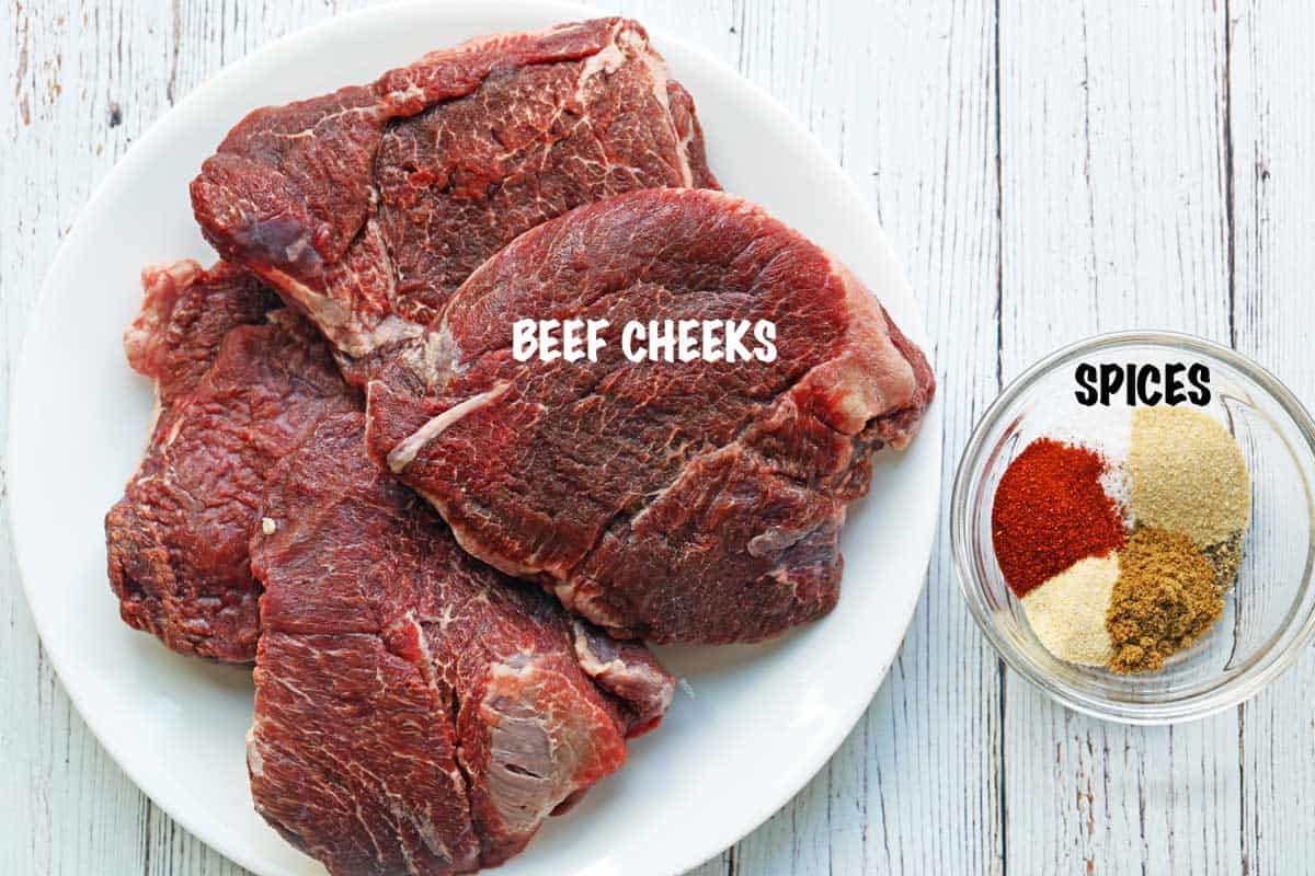 The ingredients needed to cook beef cheeks.
