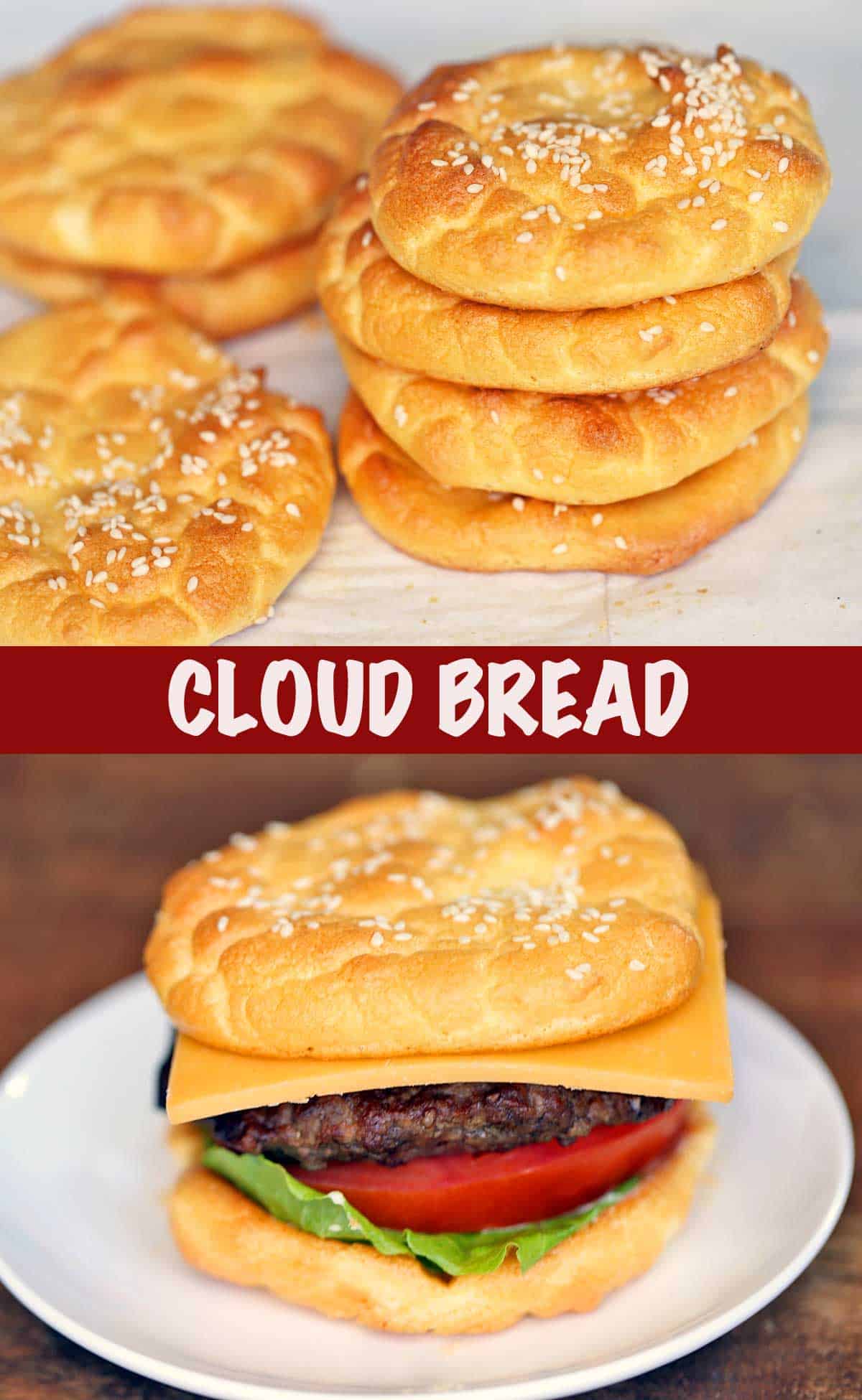 Two photos of cloud bread. One shows several bread pieces, the second shows a hamburger. 