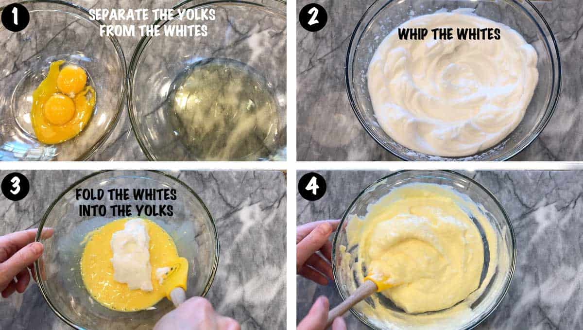A photo collage showing steps 1-4 for making a keto cloud bread. 