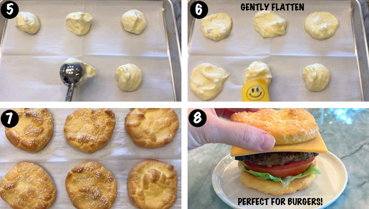 A photo collage showing steps 5-8 for making cloud bread. 