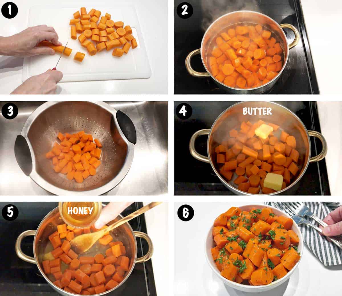 A six-photo collage showing the steps for making honey-glazed carrots. 