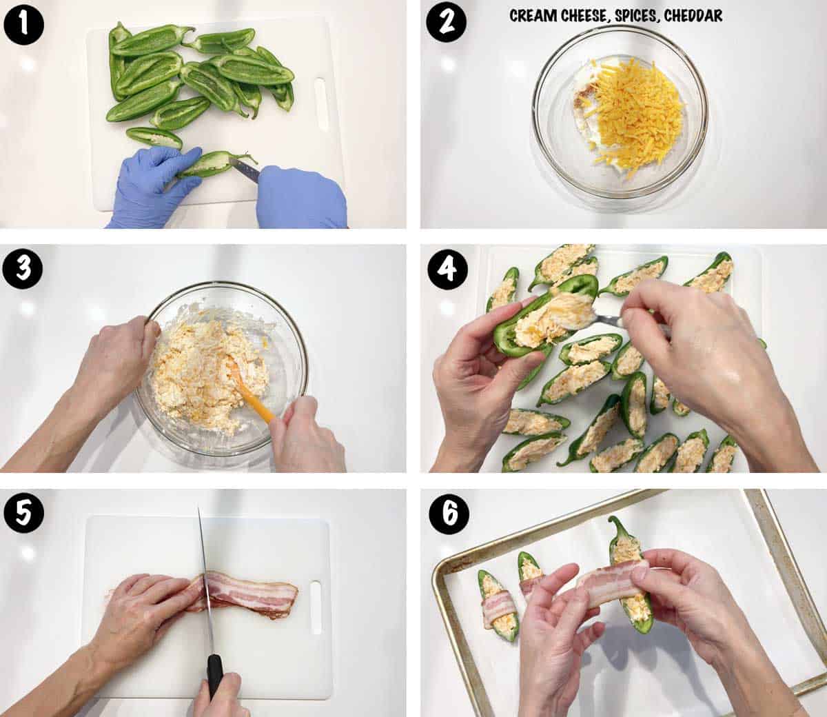 A photo collage showing steps 1-6 for making jalapeno poppers. 