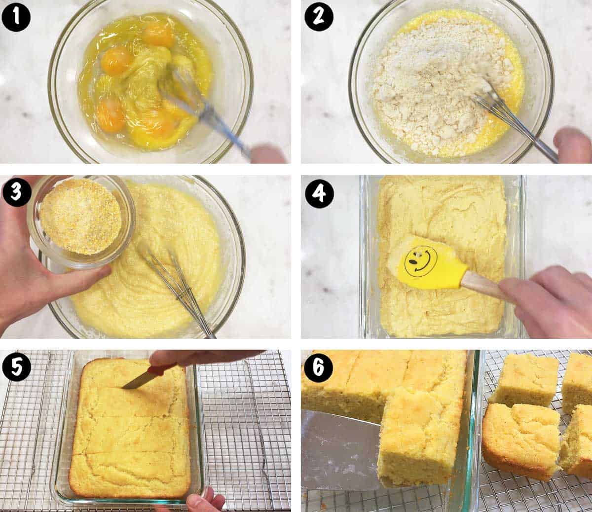 A six-photo collage showing the steps for baking a keto cornbread. 