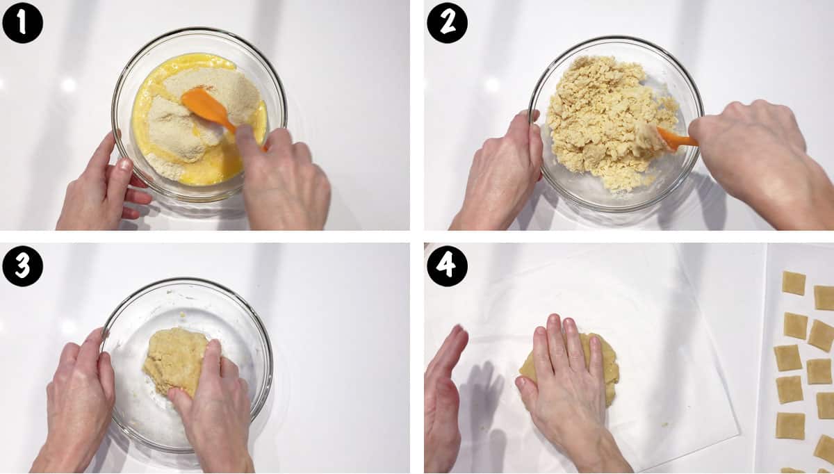 A photo collage showing steps 1-4 for making almond flour crackers. 