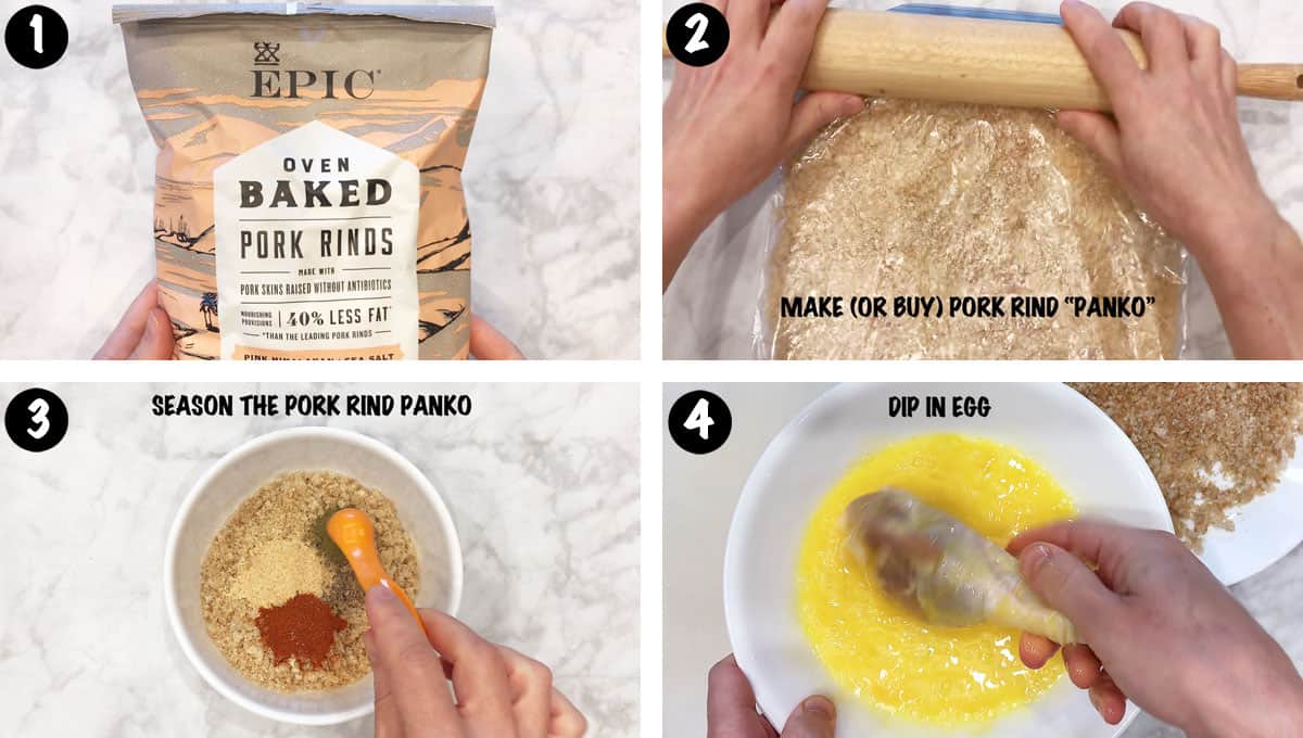 A photo collage showing steps 1-4 for making keto fried chicken. 