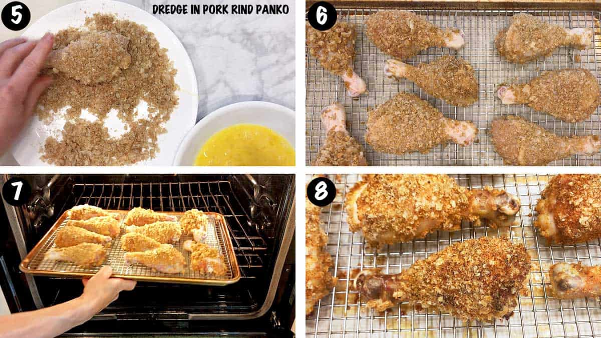 A photo collage showing steps 5-8 for making keto fried chicken. 