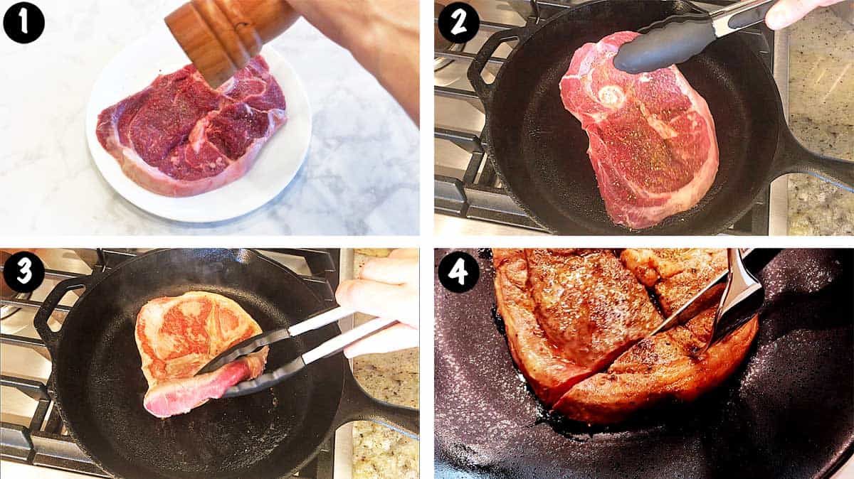 A photo collage showing the steps for cooking a lamb steak. 