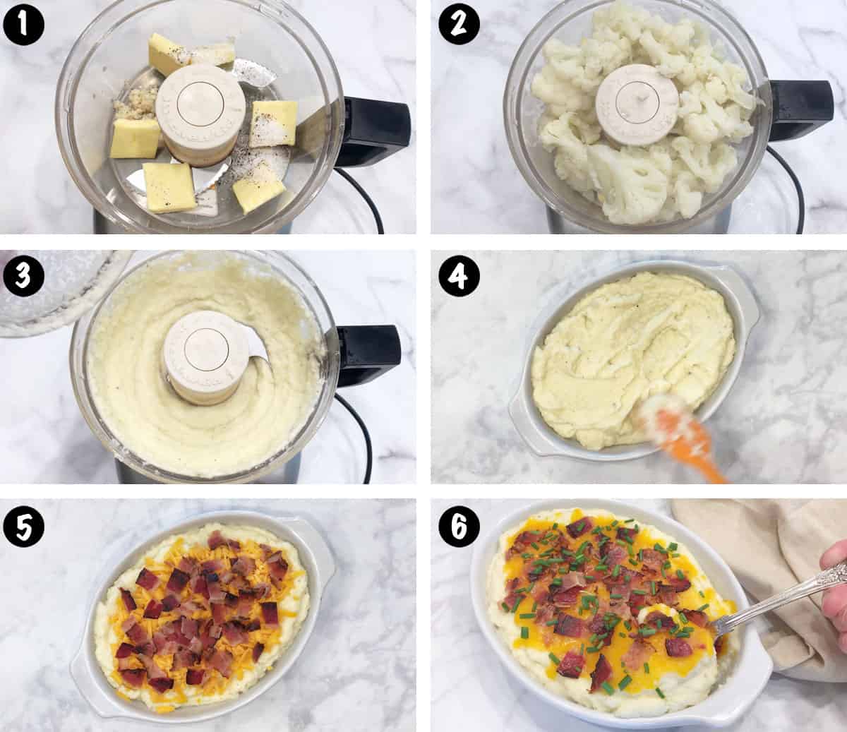 A six-photo collage showing the steps for making a loaded cauliflower mash. 
