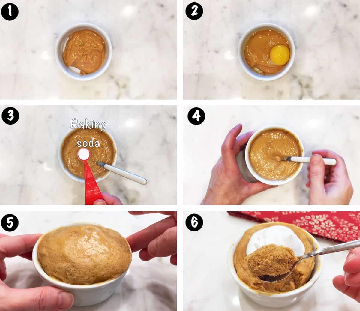 A six-photo collage showing the steps for making a keto peanut butter mug cake. 