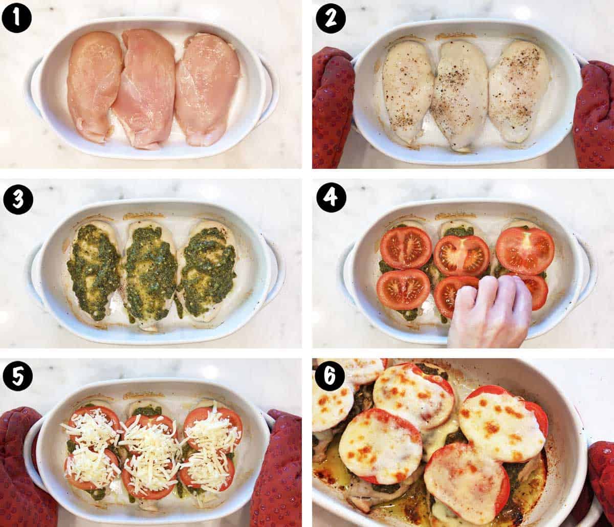 A photo collage showing the steps for making a pesto chicken bake.