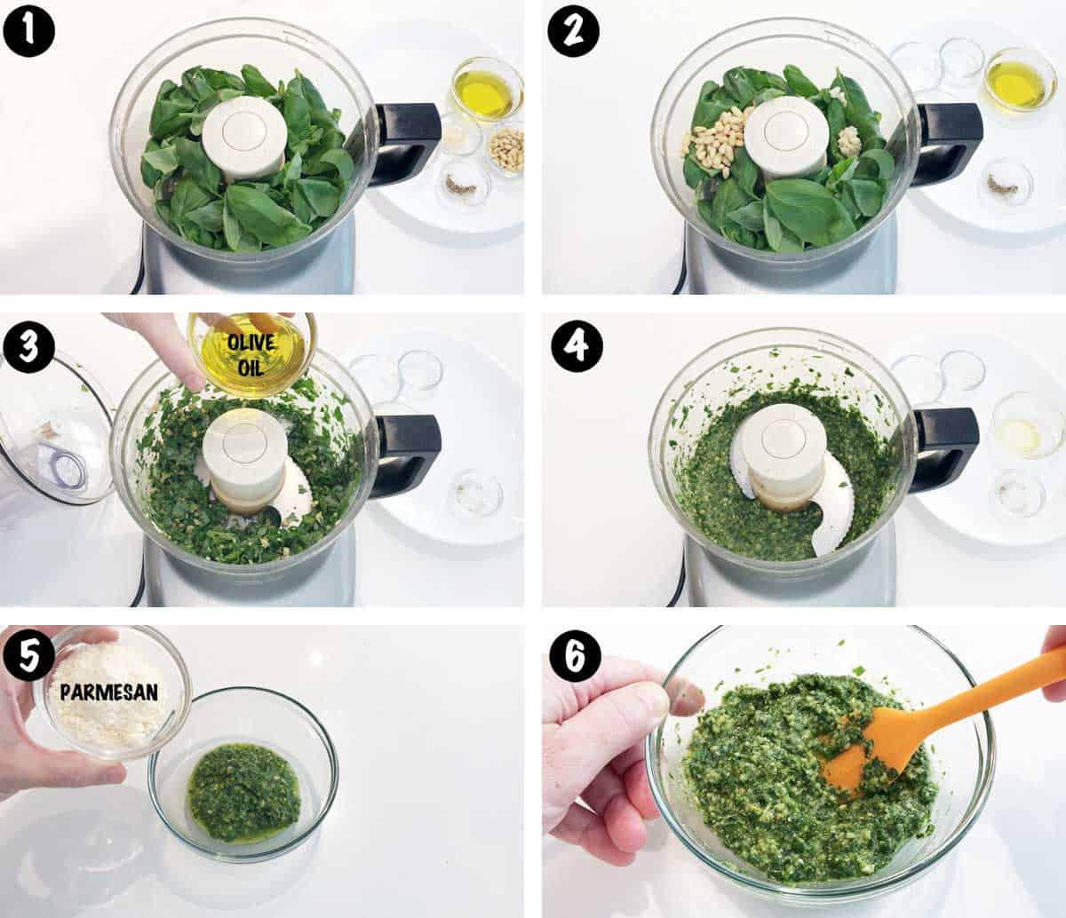 A photo collage showing the steps for making basil pesto. 