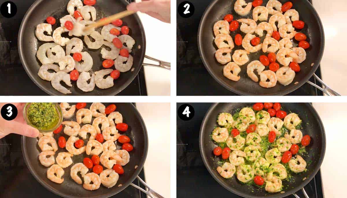 A four-photo collage showing the steps for making pesto shrimp.