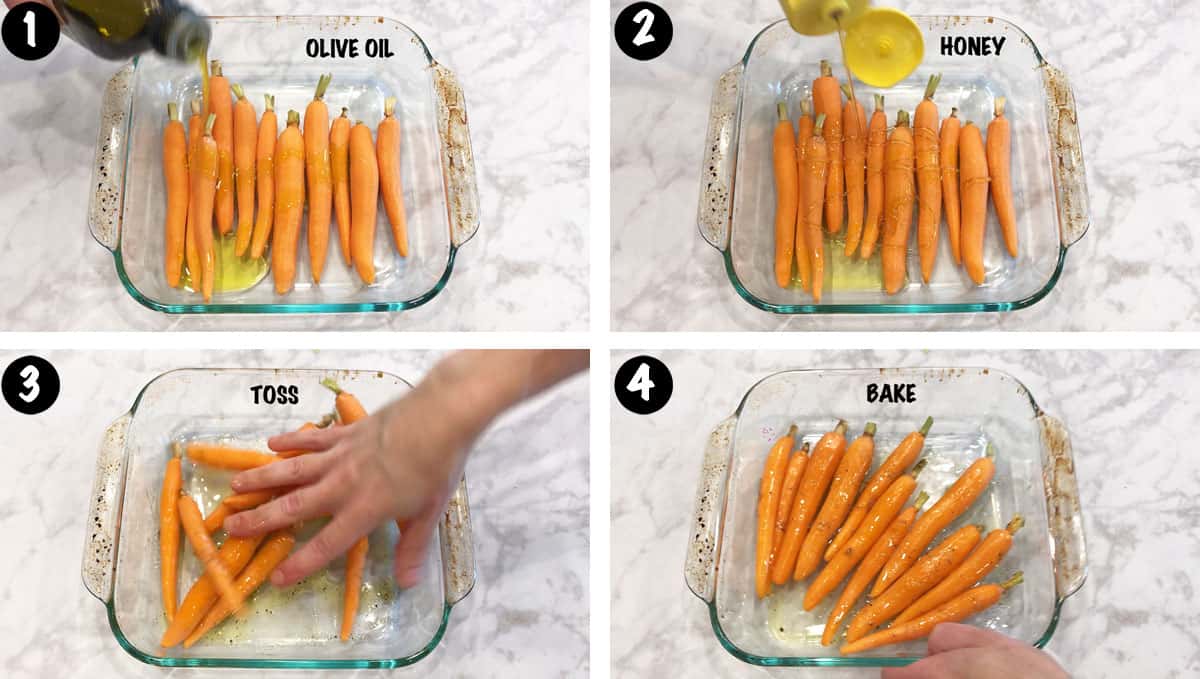 A four-photo collage showing the steps for making oven-roasted carrots. 