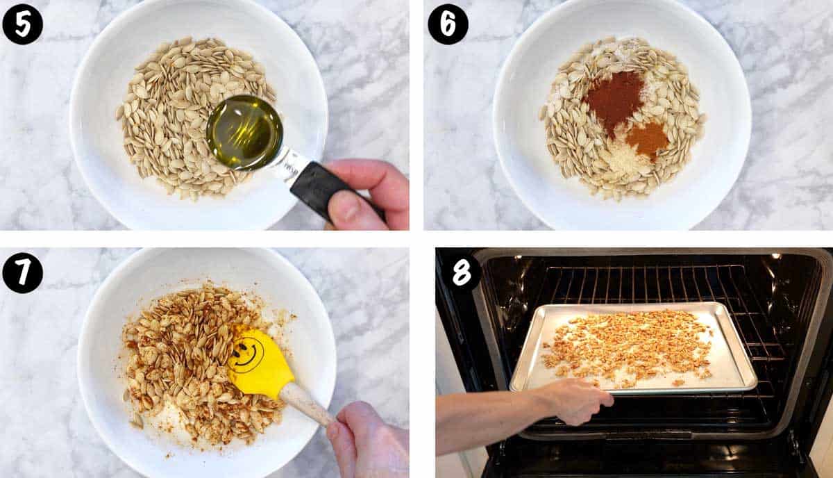 A photo collage showing steps 5-8 for roasting pumpkin seeds.