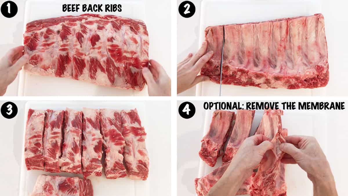 A photo collage showing steps 1-4 for slow cooking beef ribs. 