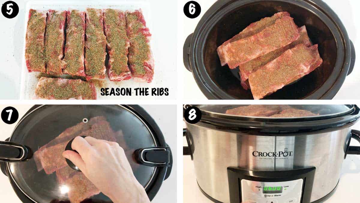 A photo collage showing steps 5-8 for cooking beef ribs in the slow cooker. 