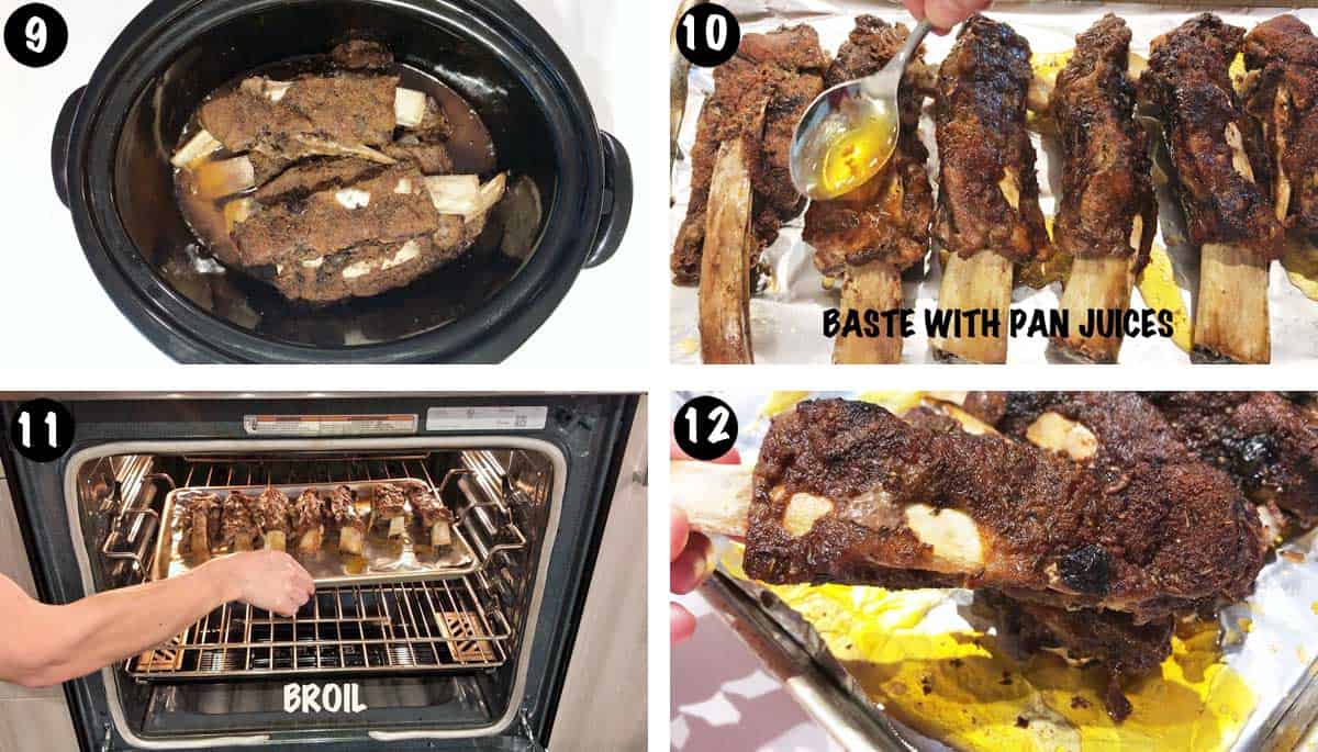A photo collage showing steps 9-12 for making slow cooker beef ribs. 