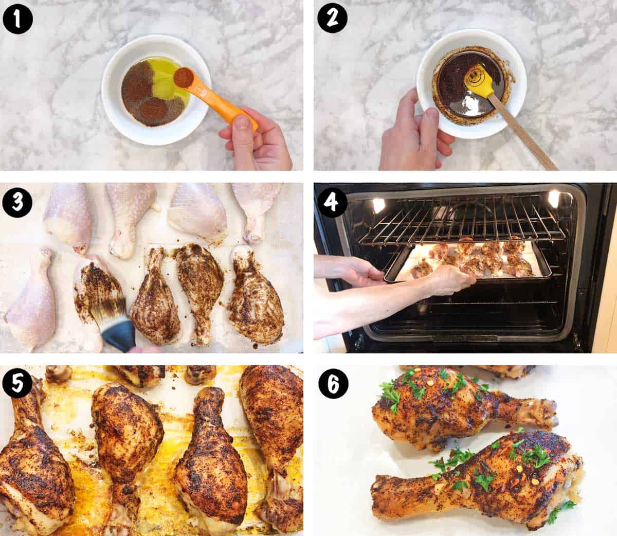 A photo collage showing the steps for making spicy drumsticks. 
