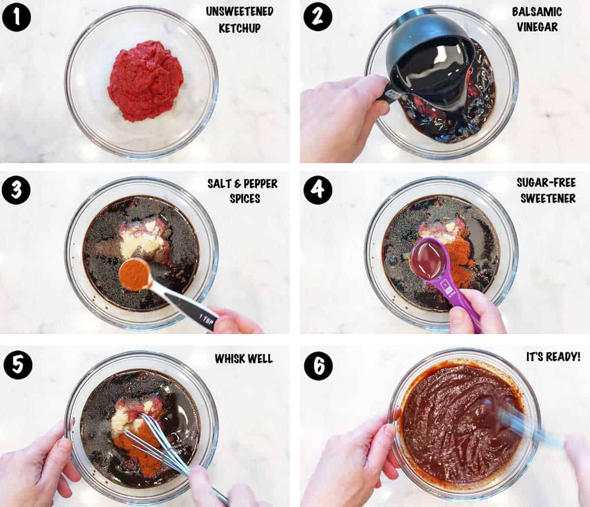 A photo collage showing the steps for making a sugar-free BBQ sauce. 