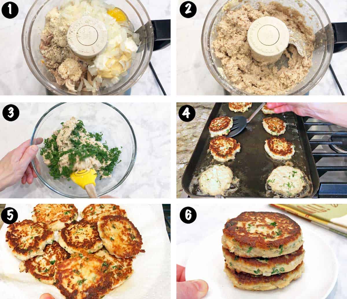 A six-photo collage showing the steps for making turkey patties. 