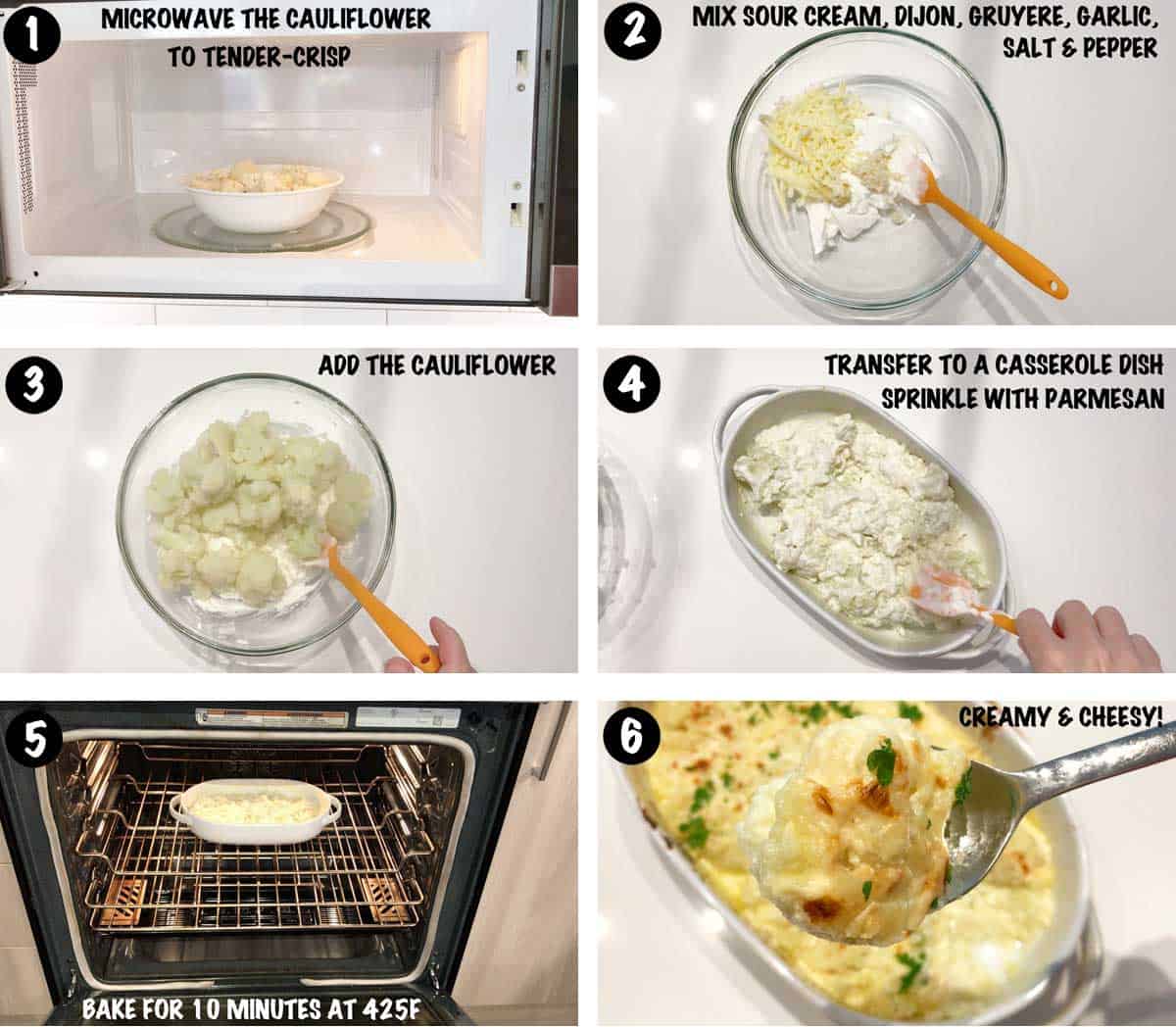 A six-photo collage showing the steps for making keto cauliflower au gratin. 