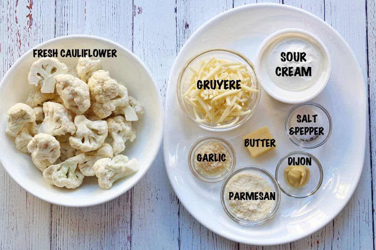 The ingredients needed to make keto cauliflower au gratin. 