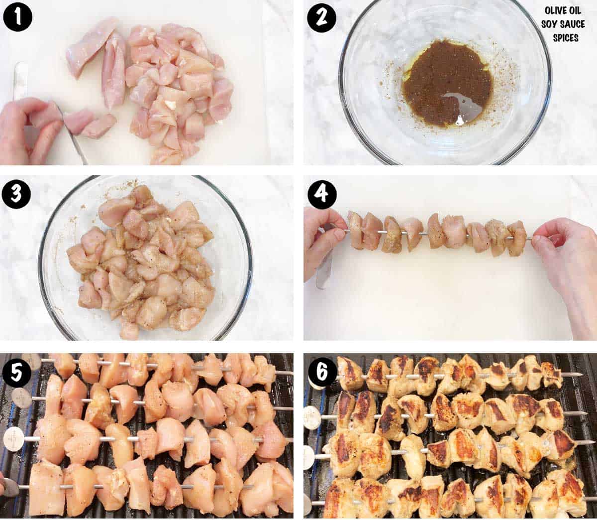 A photo collage showing the steps for grilling chicken skewers. 