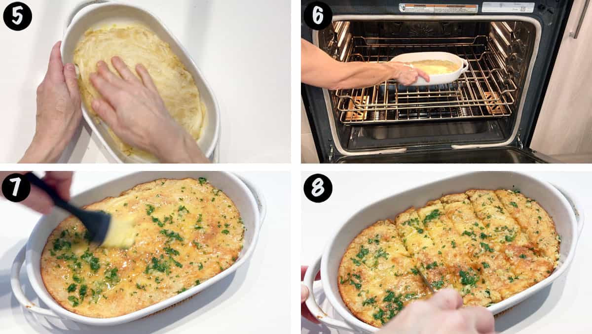A photo collage showing steps 5-8 for making a low-carb garlic bread. 