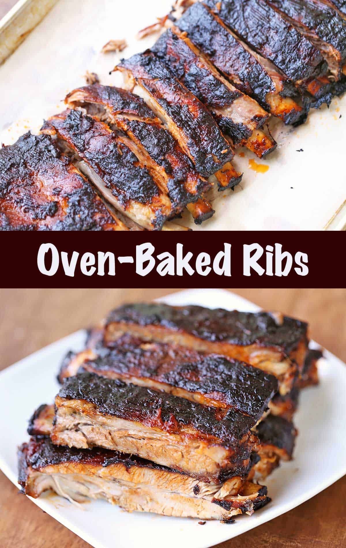 Two photos of oven spareribs, one on a baking sheet and one on a plate.