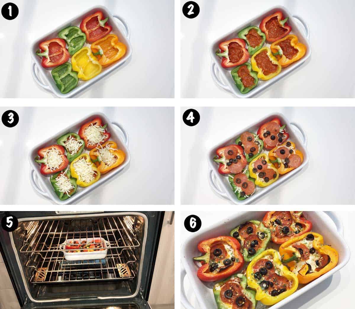 A photo collage showing the steps for making peppers pizza. 