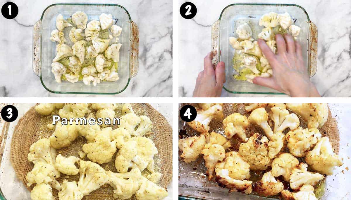 A four-photo collage showing the steps for roasting cauliflower florets in the oven. 