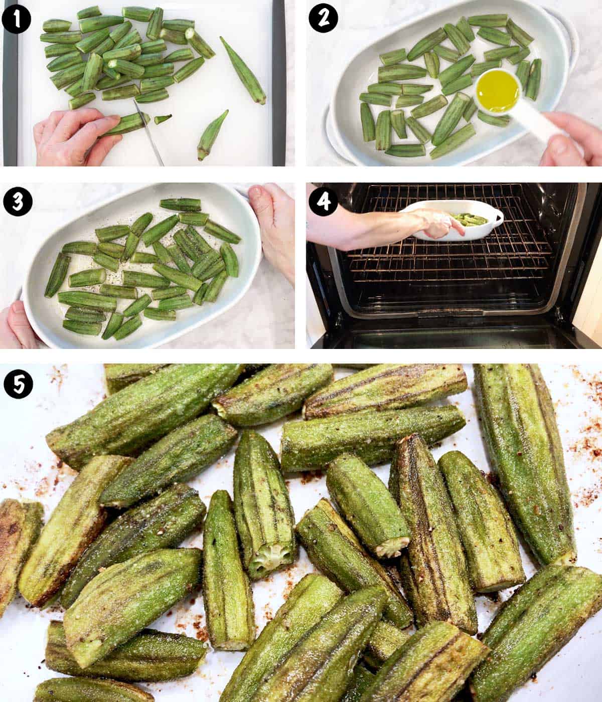 A five-photo collage showing the steps for roasting okra in the oven. 