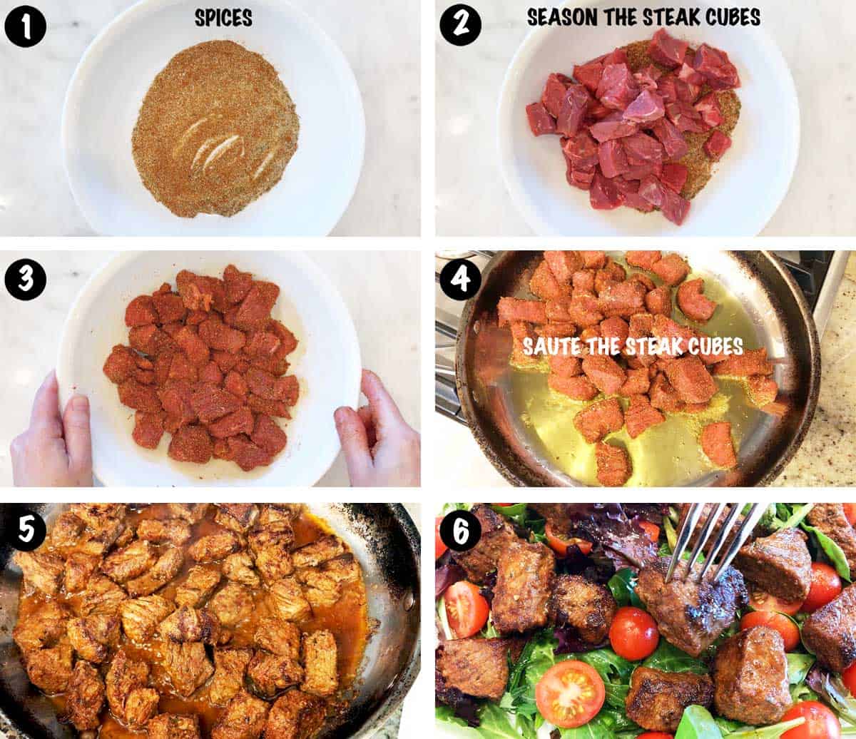 A photo collage showing the steps for making a steak salad. 