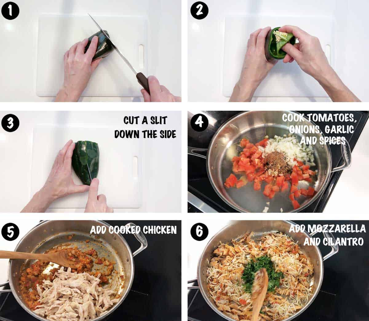 A photo collage showing steps 1-6 for making stuffed poblano peppers. 