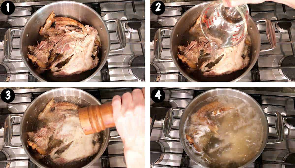 A photo collage showing steps 1-4 for making a turkey carcass soup. 