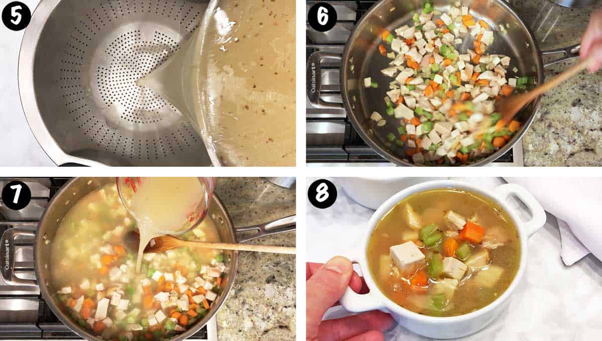 A photo collage showing steps 5-8 for making a leftover turkey soup. 
