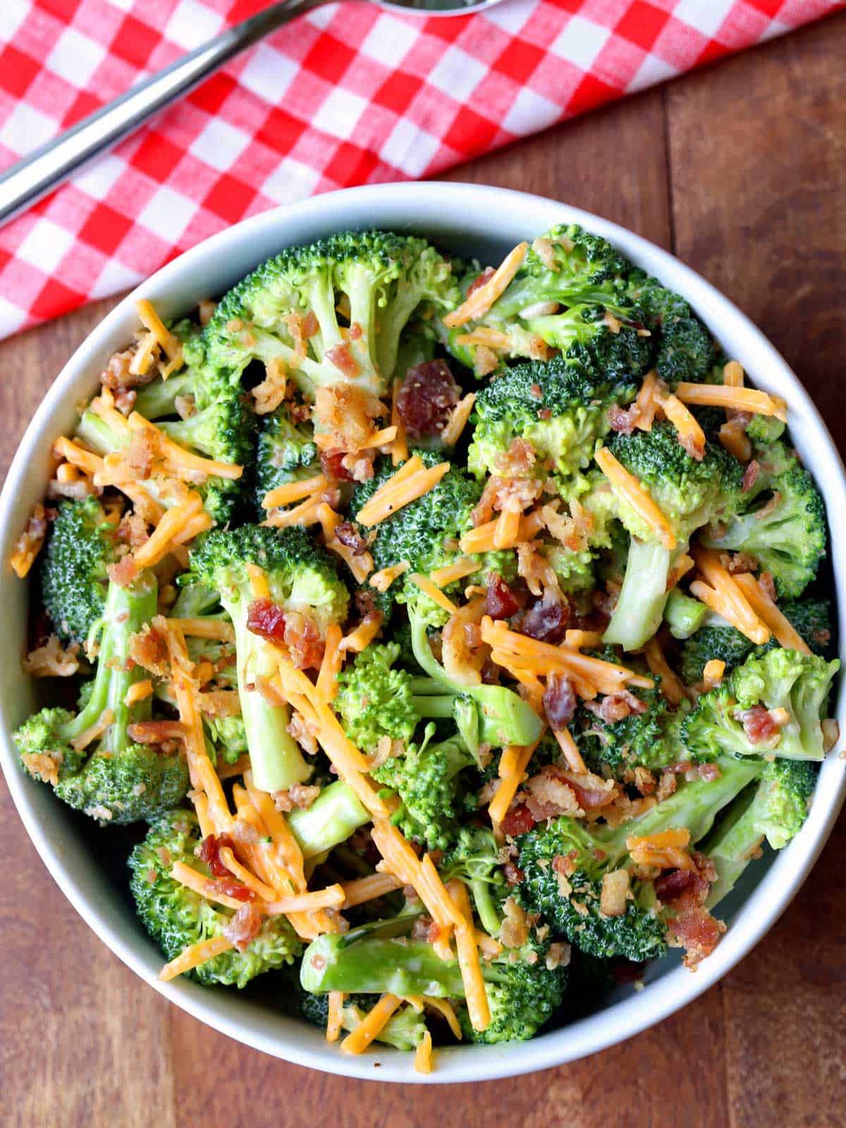 Keto broccoli salad served in a white bowl. 