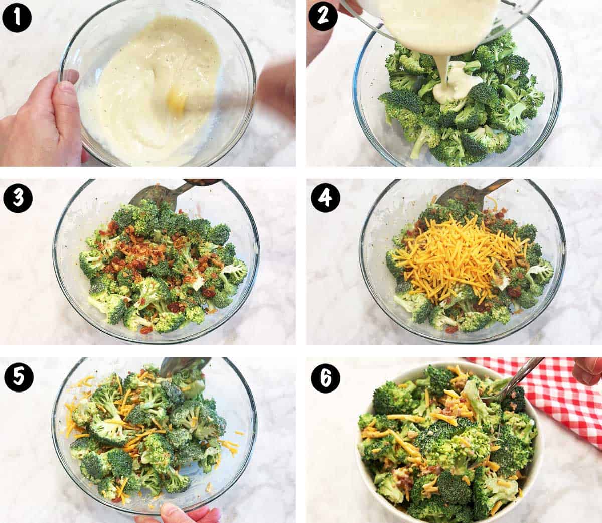 A six-photo collage showing the steps for making a broccoli salad. 