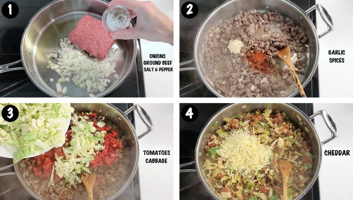 A photo collage showing steps 1-4 for making a cabbage casserole. 