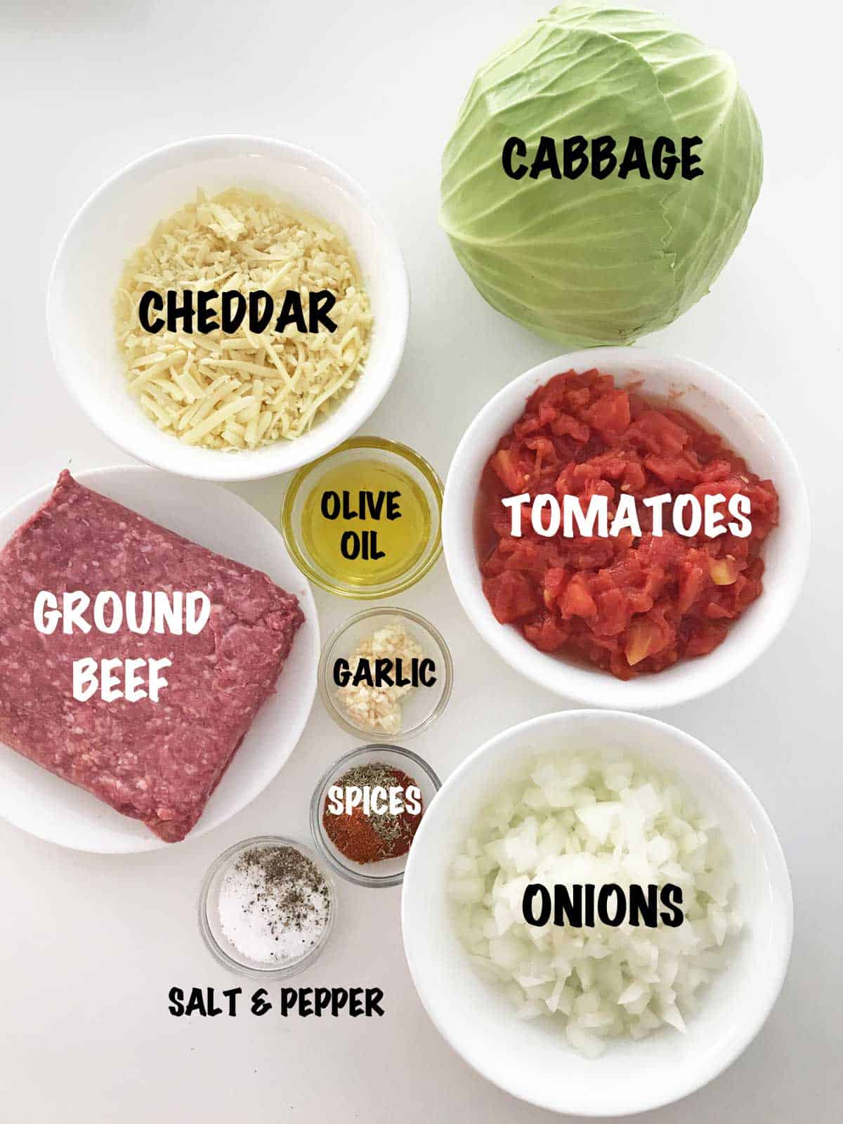 The ingredients needed to make a cabbage casserole. 