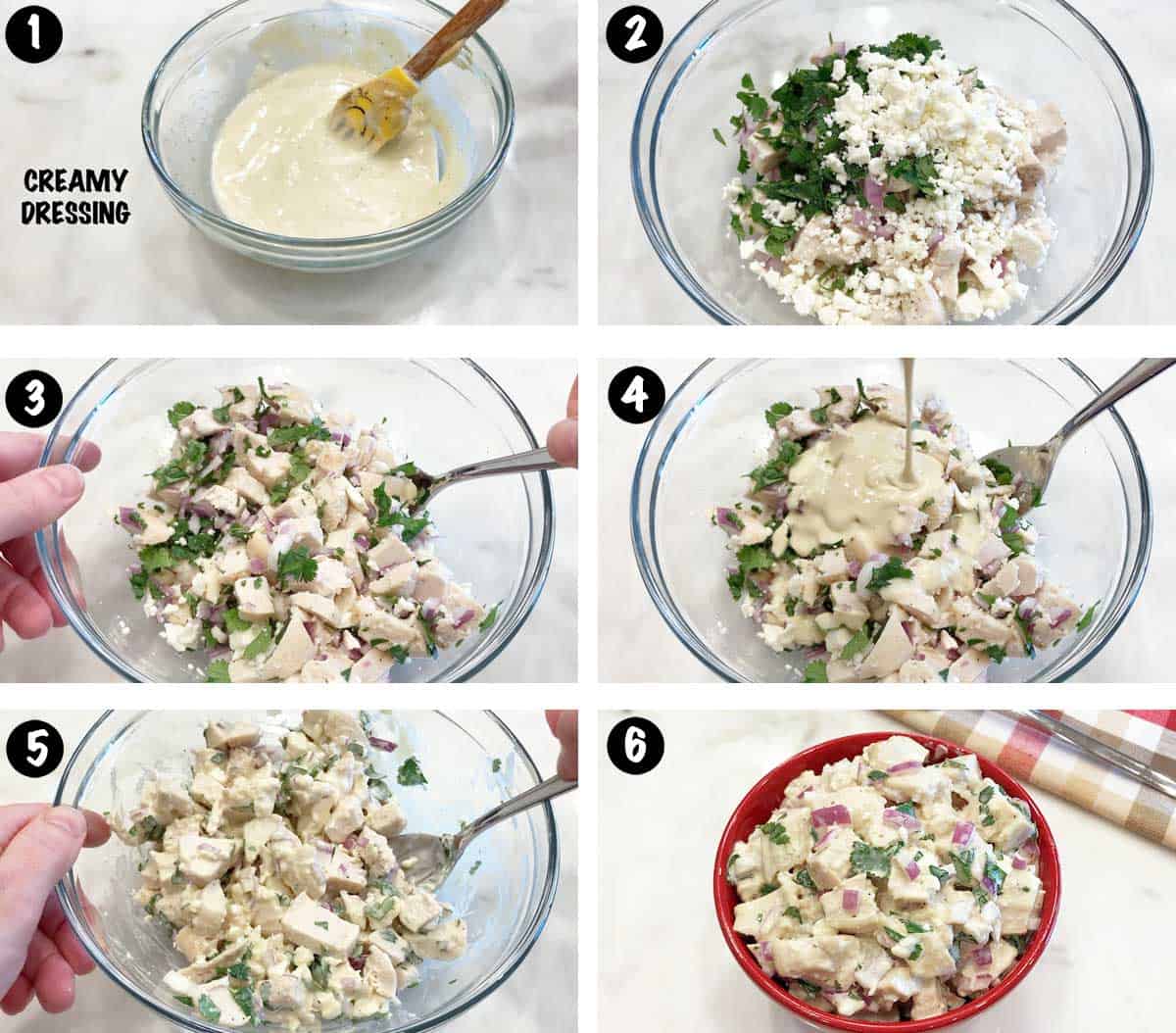 A photo collage showing the steps for making a low-carb chicken salad.