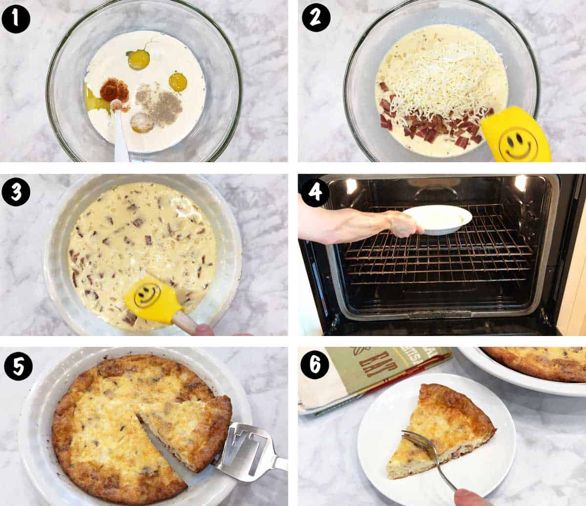 A photo collage showing the steps for making a crustless quiche Lorraine. 