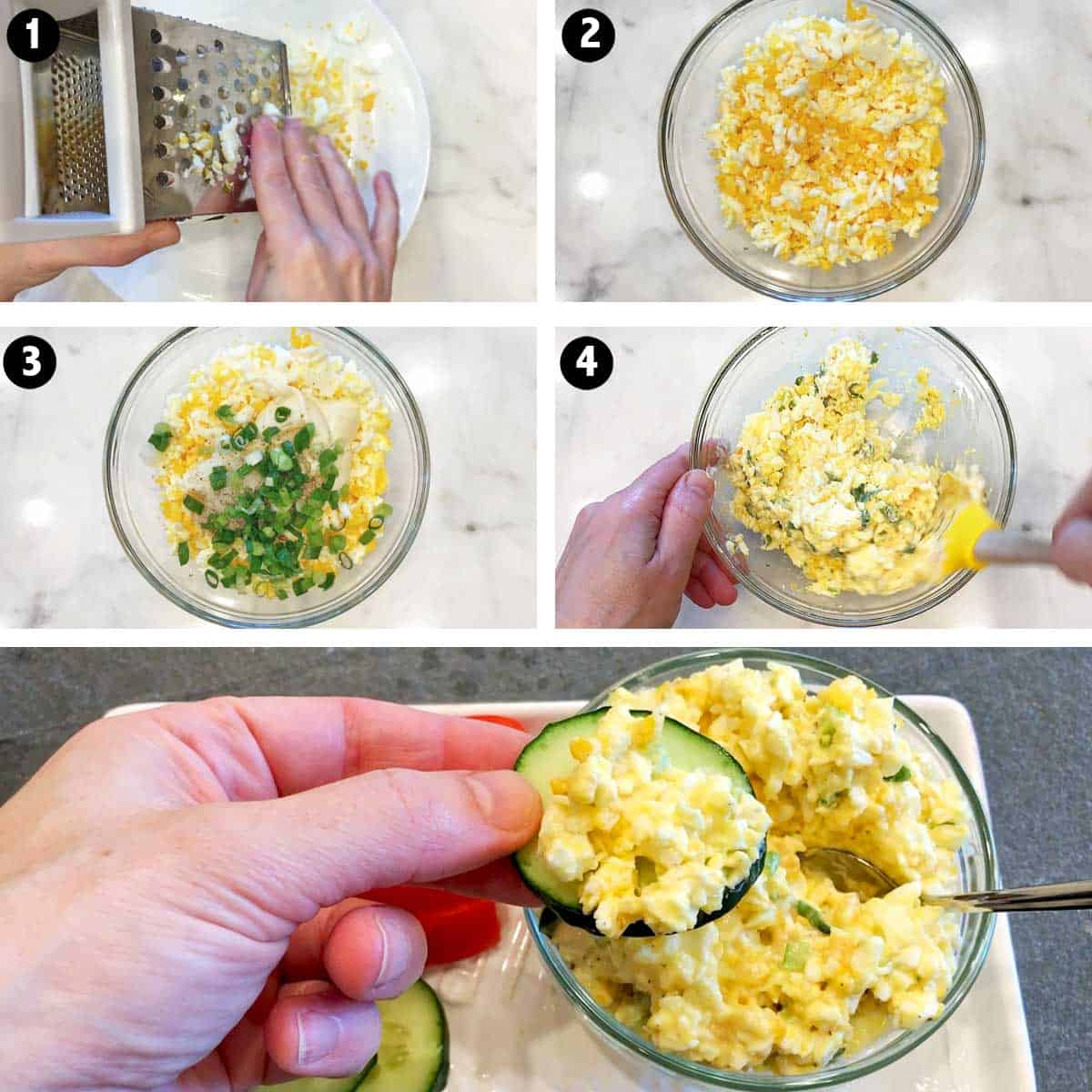 A photo collage showing the steps for making a low-carb egg salad. 
