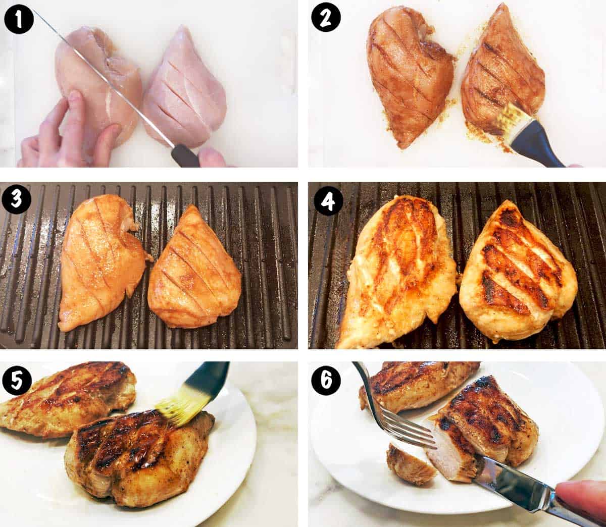 A six-photo collage showing the steps for grilling chicken breasts. 